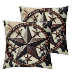 Ulloord Cow Skin Print Pillow Cover Wooden Board Farmhouse Style Decorative Pillow Cover Double Sides Print Retro Star Throw Pillow Cover for Living Room Couch,Single Pack