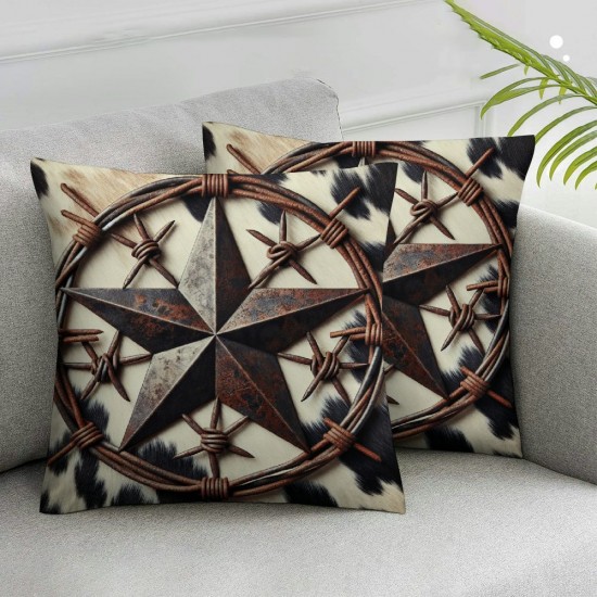 Ulloord Cow Skin Print Pillow Cover Wooden Board Farmhouse Style Decorative Pillow Cover Double Sides Print Retro Star Throw Pillow Cover for Living Room Couch,Single Pack