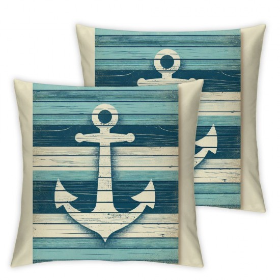 Ulloord White Pillow Cover Reversible Print Nautical Theme Sea Adventure Square Throw Pillow Cover for Bed or Sofa Decor Retro Wooden Board Decorative Cushion Cover