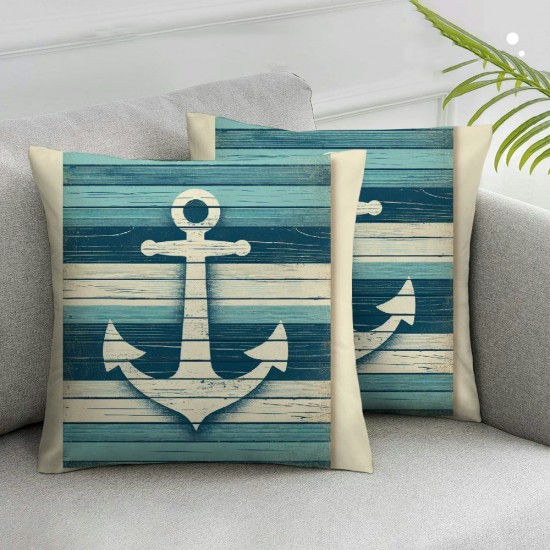 Ulloord White Pillow Cover Reversible Print Nautical Theme Sea Adventure Square Throw Pillow Cover for Bed or Sofa Decor Retro Wooden Board Decorative Cushion Cover