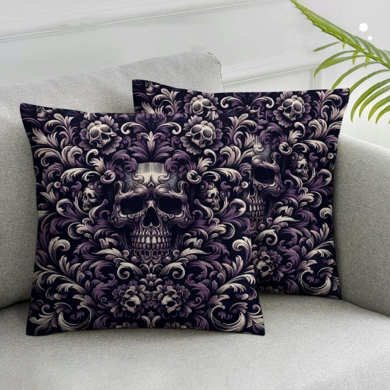 Ulloord Happy Halloween Theme Pillow Cover,Nordic Style Purple Reversible Print Cushion Cover,Skull BOH Flowers Couch Pillow Cover for Bed or Sofa