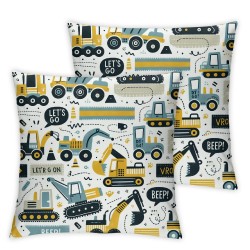 Ulloord Boys Blue Pillow Covers ,Cartoon Cute Yellow Cars Pillow Cases Cushion Covers ,Construction Vehicle Rainbow Hearts Square Cushion Cases for Bedroom