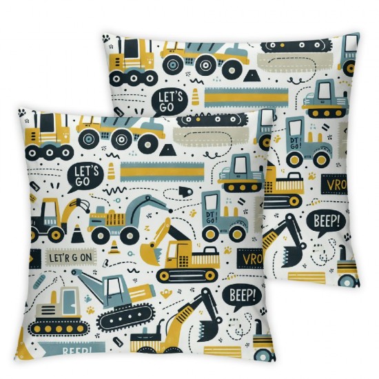 Ulloord Boys Blue Pillow Covers ,Cartoon Cute Yellow Cars Pillow Cases Cushion Covers ,Construction Vehicle Rainbow Hearts Square Cushion Cases for Bedroom