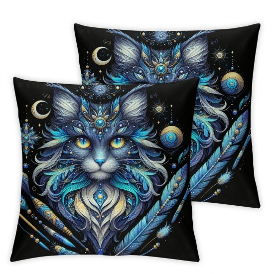 Ulloord Cat Pillow Cover Blue Cushion Cover for Kids Teens Adults Starry Galaxy Cute Animal Cushion Case for Living Room