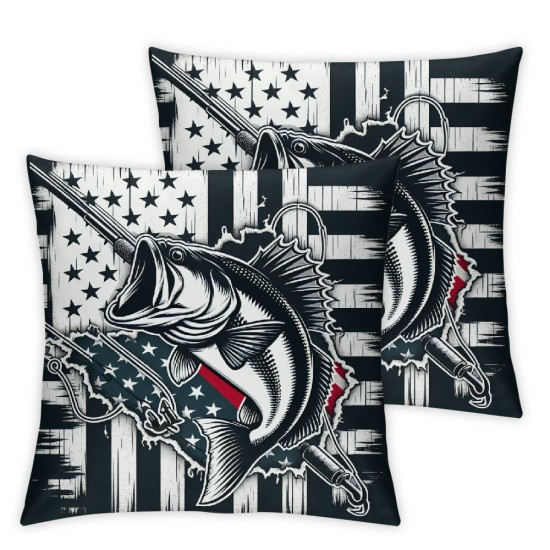 Pike Fish Throw Pillow Covers Abstract Retro American Flag Rustic Farmhouse Cushion Cases for Kids Teens Adults Green Fish Hook Cushion Covers for Sofa RV