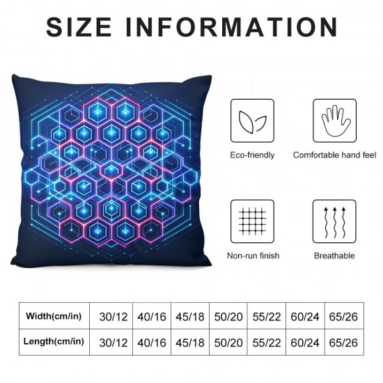 Ulloord  Hexagon Reversible Print Pillow Cover  for Bed or Sofa,Purple Blue Neon Light Diamond  Cushion Cover,Honeycomb Design Art Geometric Single Pack Couch Pillow Cover