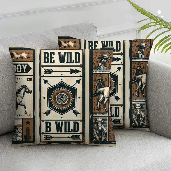 Western Adventure Pillow Covers Retro Farmhouse Horse Reversible Throw Pillow Covers Cases,Outdoor Camping Tropical Cactus Square Cushion Covers Set for Living Room