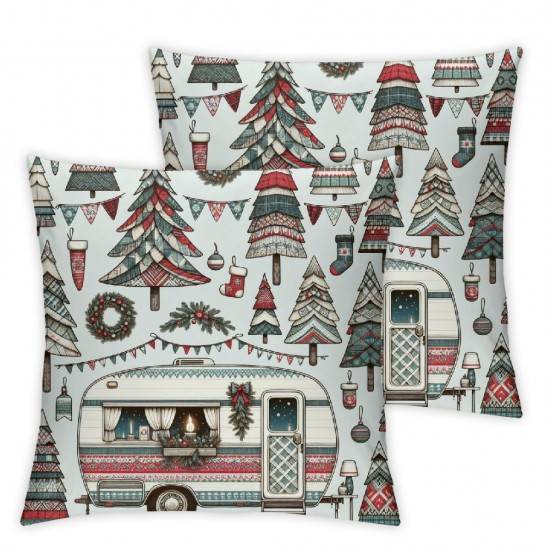 Christmas Trailer Throw Pillow Cover ,Retro Plaid Christmas Tree Double Sides Print Cushion Cover for Bed Sofa,Camping Theme Wooden Board Square Couch Pillow Cover