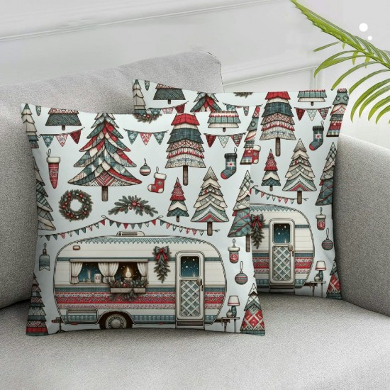 Christmas Trailer Throw Pillow Cover ,Retro Plaid Christmas Tree Double Sides Print Cushion Cover for Bed Sofa,Camping Theme Wooden Board Square Couch Pillow Cover