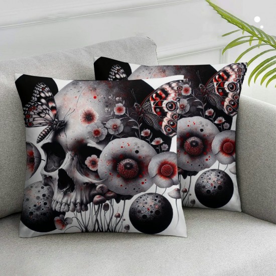 Ulloord Red Mushroom Skull Pillow Cover, Black White Reversible Print Cushion Cover, Bright Starry Moon Couch Pillow Cover for Bed or Sofa