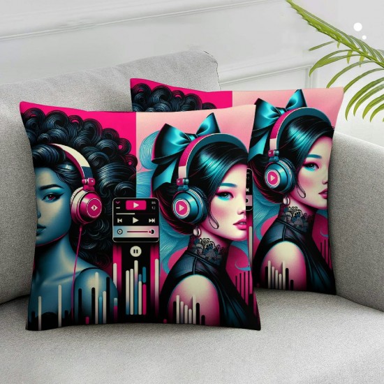 Ulloord Lovely Girls Pillow Cover for Couch Sofa Bed Pink Black Splice Pillow Cover American Earphone Pillowcase Cushion Case Modern Outdoor Pillow Cover