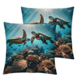 Ulloord 3D Turtle Couple Pillow Cover Reversible Print Colorful Seaweed Coral Rustic Plants Square Throw Pillow Cover for Bed or Sofa Decor Sea Adventure Decorative Cushion Cover