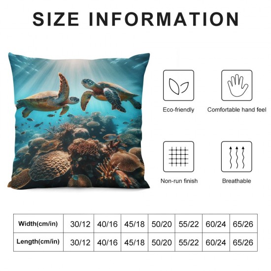 Ulloord 3D Turtle Couple Pillow Cover Reversible Print Colorful Seaweed Coral Rustic Plants Square Throw Pillow Cover for Bed or Sofa Decor Sea Adventure Decorative Cushion Cover