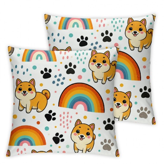 Lovely Dog Decorative Square Throw Pillow Cover Watercolor Rainbow Paw Print Pillow Cover for Living Room RV Cushion Case