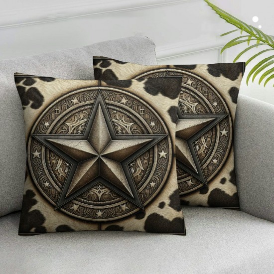 Ulloord 70s Retro Star Pillow Covers Abstract Cowhide Wild Animal Skin Print Pillow Cases for Kids Teens Adults Wooden Stripes Rustic Farmhouse Style Cushion Covers for Livng Room