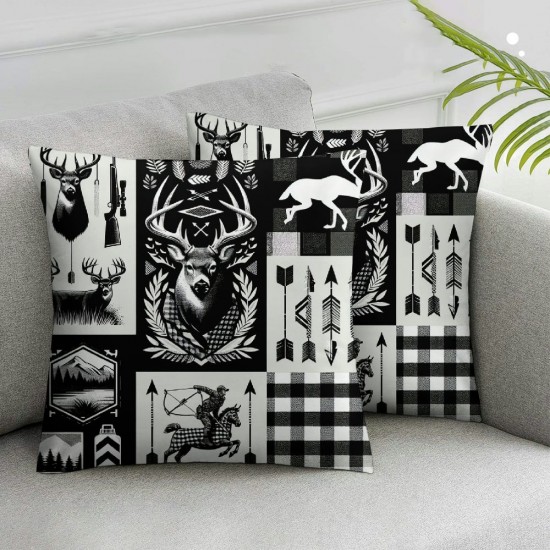 Ulloord Deer Antlers Pillow Cover  for Bed or Sofa,Grey and Black Plaid Print Reversible Print Cushion Cover Super Soft,Animal Camouflage Single Pack Couch Pillow Cover