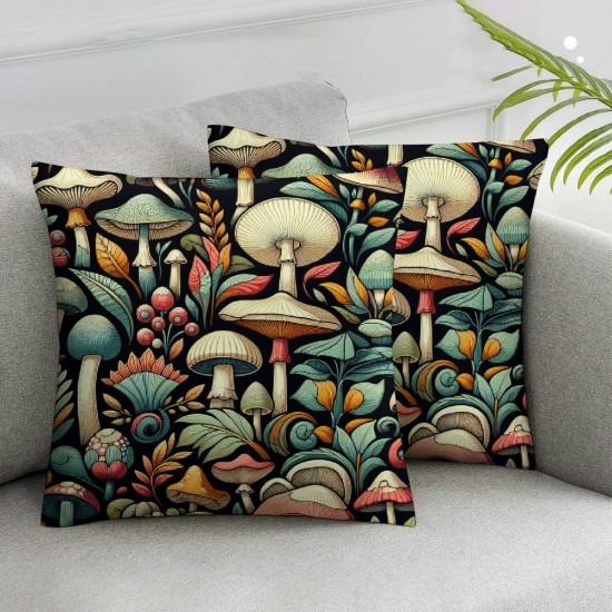 Ulloord Mushroom Pillow Cover Reversible Print Red Strawberry Mushrooms Square Throw Pillow Cover for Bed or Sofa Decor Wild Plants Palm Leaves Decorative Cushion Cover