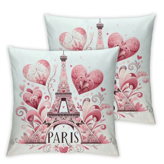 Ulloord Hand Drawn Eiffel Tower Pillow Cover for Room Decor Symbol of Paris Valentine's Day Square Throw Pillow Flowers Stripes Geometric Decorative Cushion Cover,Single Pack,White