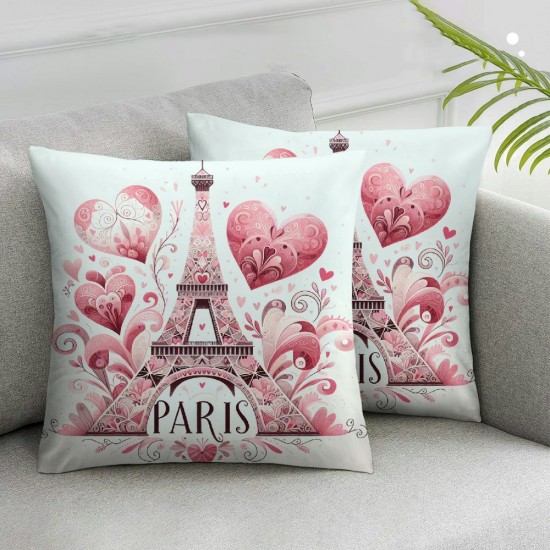 Ulloord Hand Drawn Eiffel Tower Pillow Cover for Room Decor Symbol of Paris Valentine's Day Square Throw Pillow Flowers Stripes Geometric Decorative Cushion Cover,Single Pack,White