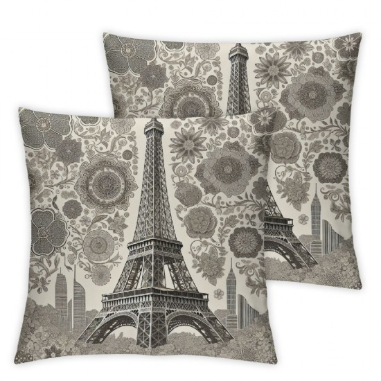 Ulloord Romantic Black Floral Paris Eiffel Tower Hidden Zipper Home Sofa Decorative Throw Pillow Cover Cushion Case Square Design Printed Pillowcase