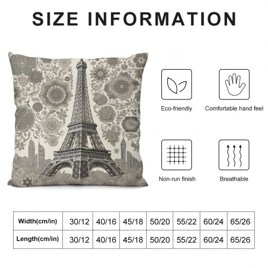 Ulloord Romantic Black Floral Paris Eiffel Tower Hidden Zipper Home Sofa Decorative Throw Pillow Cover Cushion Case Square Design Printed Pillowcase