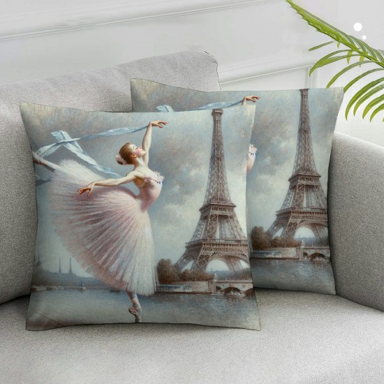 Ulloord  Ballerina Throw Pillow Cover Eiffel Tower Dancer Paris Eiffel Tower Beautiful Girl Posing Square Pillow Case Cushion Cover for Home Car Decorative