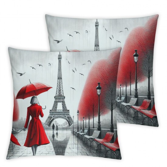 Ulloord  Eiffel Tower Throw Pillow Cover Lovers Hug Kiss Tree Painting Red Umbrella Square Pillow Case Cushion Cover for Home Car Decorative