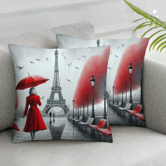 Ulloord  Eiffel Tower Throw Pillow Cover Lovers Hug Kiss Tree Painting Red Umbrella Square Pillow Case Cushion Cover for Home Car Decorative