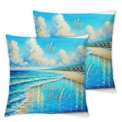 Ulloord  Throw Pillow Cover My Happy Place  Beach Sea Wave Summer Vocation Holiday Travel Cool Square Pillow Case Cushion Cover for Father's Day Home Car Decorative