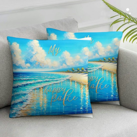 Ulloord  Throw Pillow Cover My Happy Place  Beach Sea Wave Summer Vocation Holiday Travel Cool Square Pillow Case Cushion Cover for Father's Day Home Car Decorative