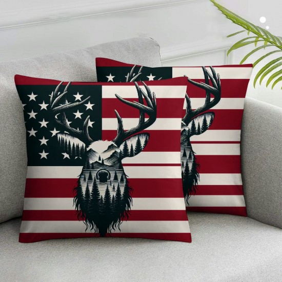 American Flag Throw Pillow Cover ,Deer Antlers Grey uflage Soft Reversible Print Cushion Cover for Bed Sofa, Stars Square Couch Pillow Cover