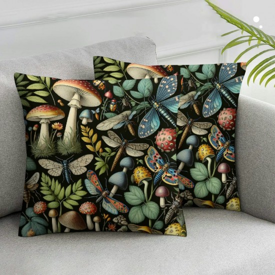 Ulloord Muhsroom Pillow Covers Retro Wild Pillow Cases for Kids Teens Adults Outdoor Leaves Flowers Natural Moth Cushion Covers for Car Living Room