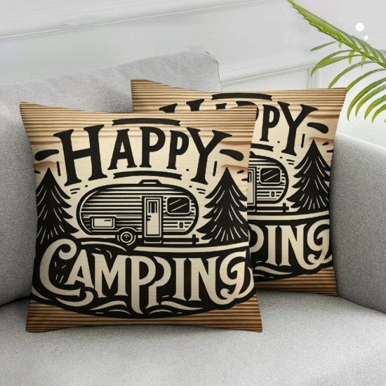 Ulloord Happy Camping Theme Pillow Cover Modern RV Trailer Square Throw Pillow Cover for Bedroom Vintage Wooden Farmhouse Stripes Accent Cream Decorative Cushion Cover for Kids Adults,Brown,