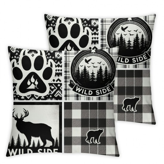 Ulloord Adventure Themed Throw Pillow Cover  Lodge Cabin Wild Animal Bear Deer Pillow Case for Kids Teens Adults Black Gray White Grid Rustic Jungle Cushion Cover for Sofa Chairs