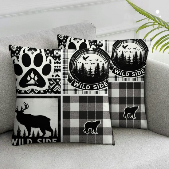 Ulloord Adventure Themed Throw Pillow Cover  Lodge Cabin Wild Animal Bear Deer Pillow Case for Kids Teens Adults Black Gray White Grid Rustic Jungle Cushion Cover for Sofa Chairs