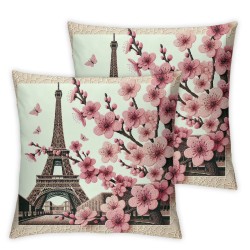 Ulloord Eiffel Tower Pillow Cover Romantic Paris Cushion Case for Office Bedroom Beige Marbling Print Square Pillow Case for Sofa Couch Reversible Print