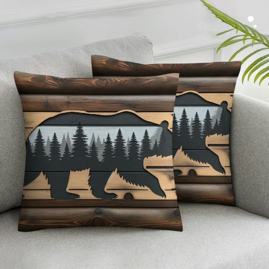 Ulloord Pillow Cover,Brown Wooden Board Grey Plaid Double Sides Print Pillowcase Soft Square Cushion Case, Throw Pillow Cover for Decoration