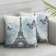 Ulloord  Eiffel Tower Pillow Cover for Living Room Couch Decor,French Style Symbol of Paris Square Soft Throw Pillow,Blue Tree Butterfly Oil Painting Decorative Cushion Cover,Single Pack