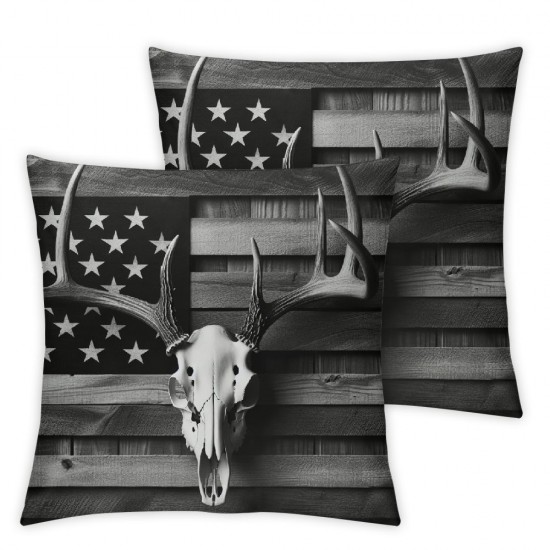 Ulloord Jungle Antlers Throw Pillow Cover Wild Animal Skull Rustic Style Pillow Case for Kids Teens Adults Gray Black Wooden Stripes American Flag Cushion Cover for Chairs Living Room