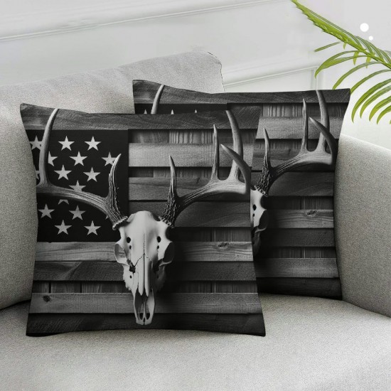 Ulloord Jungle Antlers Throw Pillow Cover Wild Animal Skull Rustic Style Pillow Case for Kids Teens Adults Gray Black Wooden Stripes American Flag Cushion Cover for Chairs Living Room