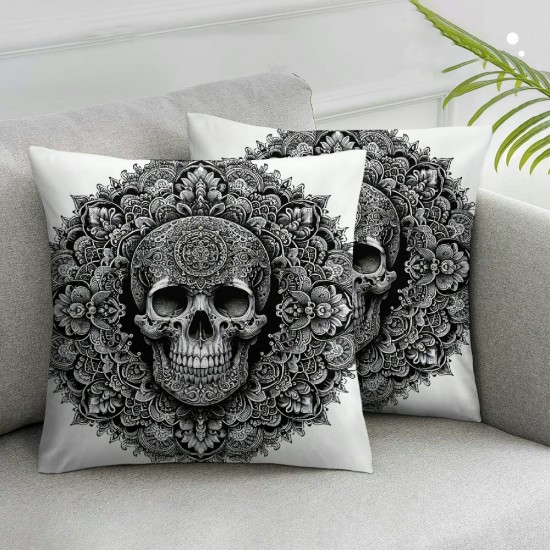 Ulloord Skull Decorative Square Throw Pillow Cover Halloween Pillow Cover for Living Room Black White Marble Flowers Party Cushion Case