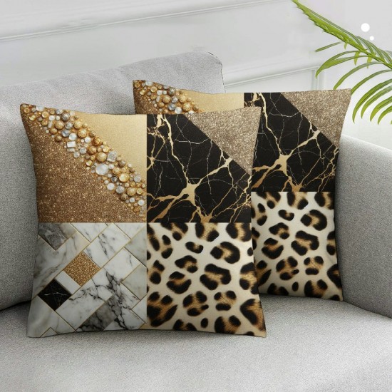 Ulloord Golden Leopard Print Pillow Cover for Kids Teens,Gold Sequin Print Black White Marble Texture Throw Cushion Cover Geometry Triangle Patchwork Room Decor Cushion Case for Couch and Bed