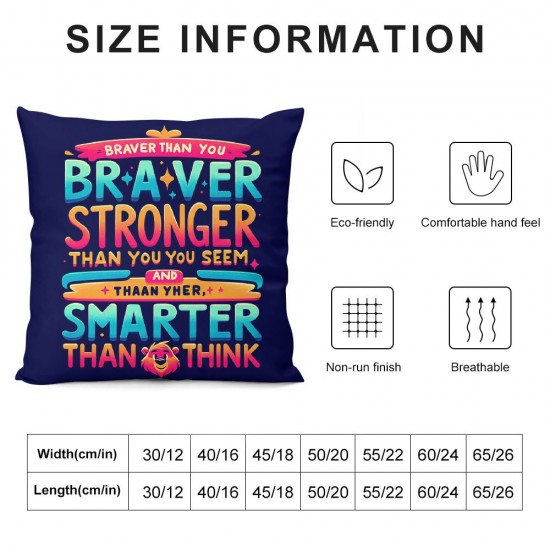 Inspirational Quotes Pillow Case, Braver Stronger Smarter, Decoration Flannel Cushion Cover  Pillowcase Decor for Kids Room Playroom Therapy Counseling Office