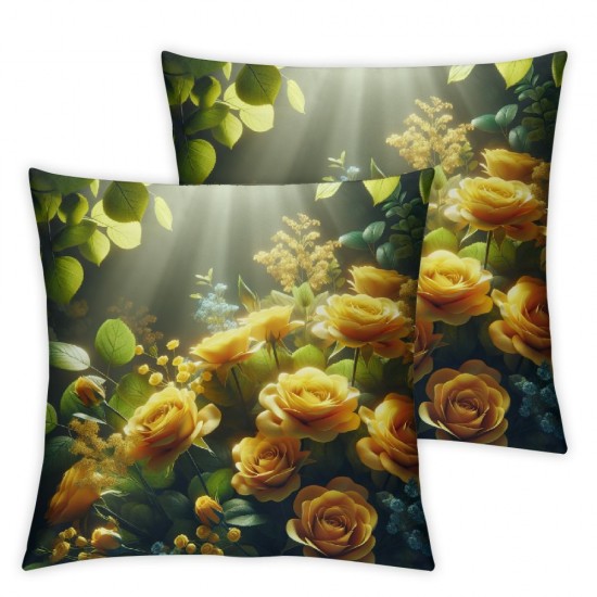 Ulloord Yellow Floral Throw Pillow Covers Rose Flower Leaf Spring Aesthetic Green Square Decorations for Home Sofa Bed Patio Cushion Cover