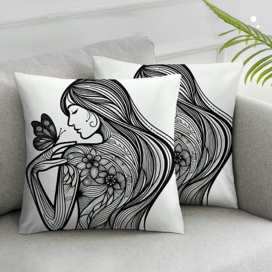 Ulloord Women Throw Pillow Covers Modern Butterfly Rose Floral Art line Black White Soft Velvet Standard Decorations for Adult Women Men Home Sofa Bed Cushion Cover