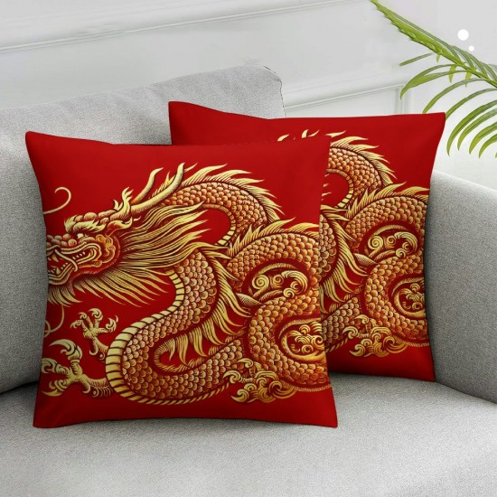 Ulloord Dragon Throw Pillow Covers Design red and Gold Velvet Teen boy Man Home Bedroom Office Dorm Sofa Decor Square Pillow Cases