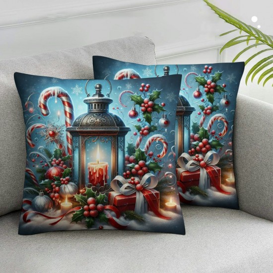 Ulloord Christmas Snowman Christmas Tree Throw Pillow Covers Candles Green Blue Linen Washable Living Room Couch Bed Home Decor Cushion Cover