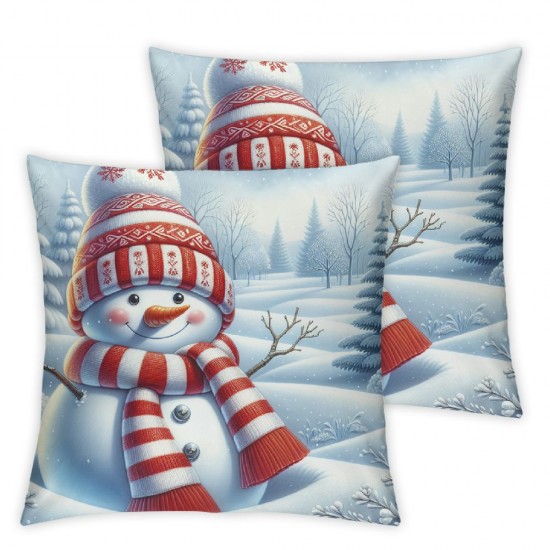 Ulloord Winter Scene Throw Pillow Covers Snowman Forest Nature Washable Soft Linen Indoor Living Room Office,Blue,