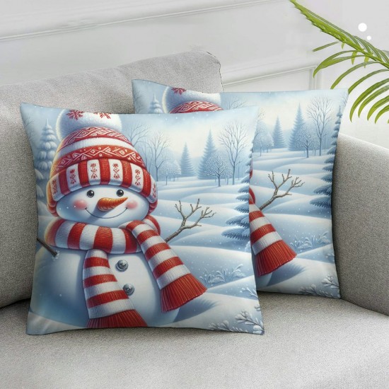 Ulloord Winter Scene Throw Pillow Covers Snowman Forest Nature Washable Soft Linen Indoor Living Room Office,Blue,