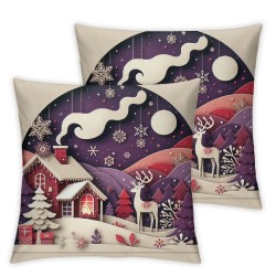 Ulloord Merry Christmas Throw Pillow Covers Aesthetic Holiday Winter Scene Washable Bedroom Square Soft Linen Christmas Room Decor,Purple,